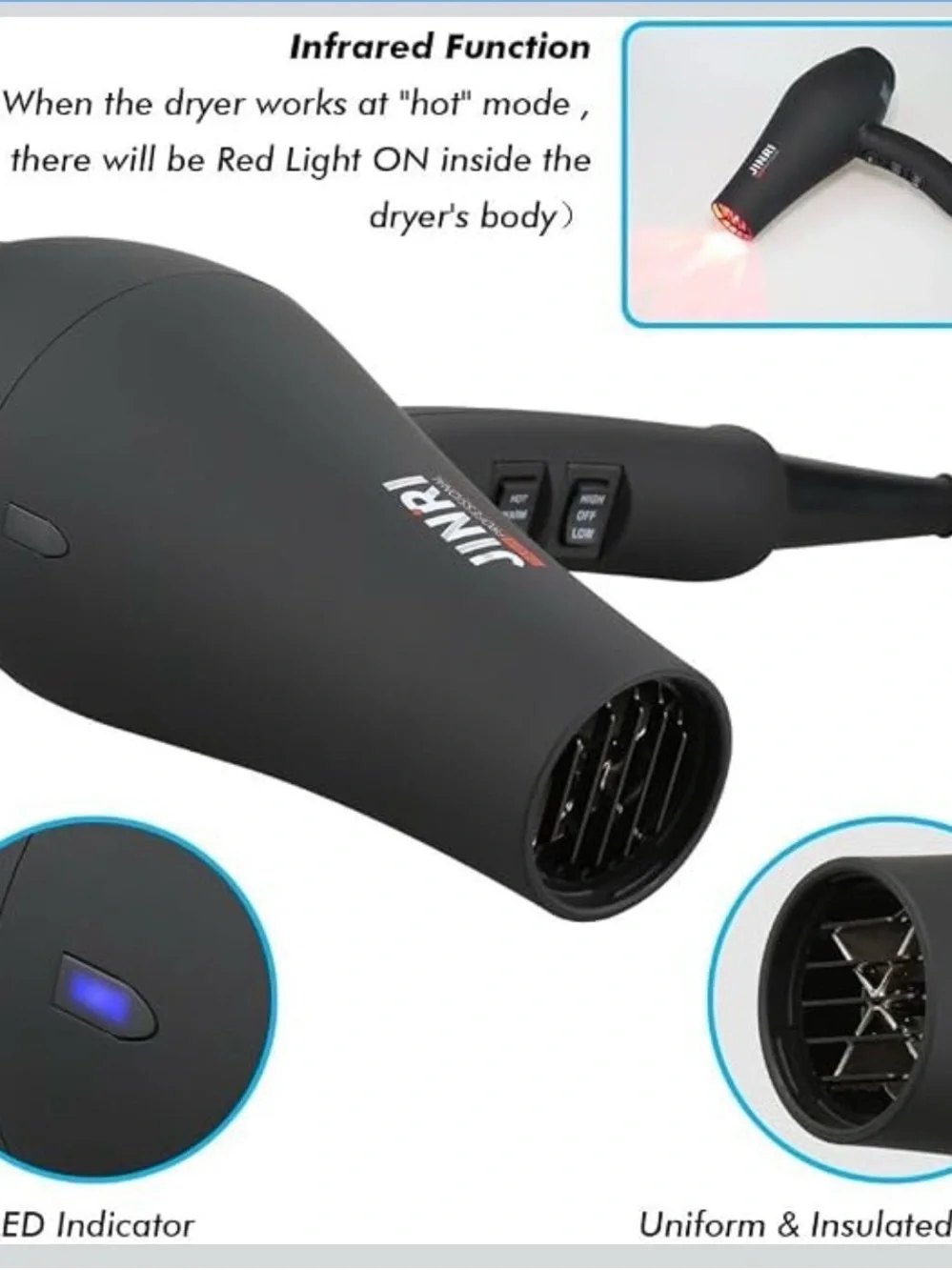 JINRI Professional Hair Dryer, 3 Heat & 2 Speed